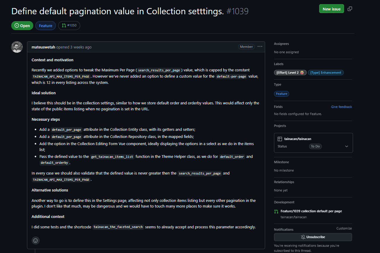 Issue #1039 no repositório oficial do Tainacan