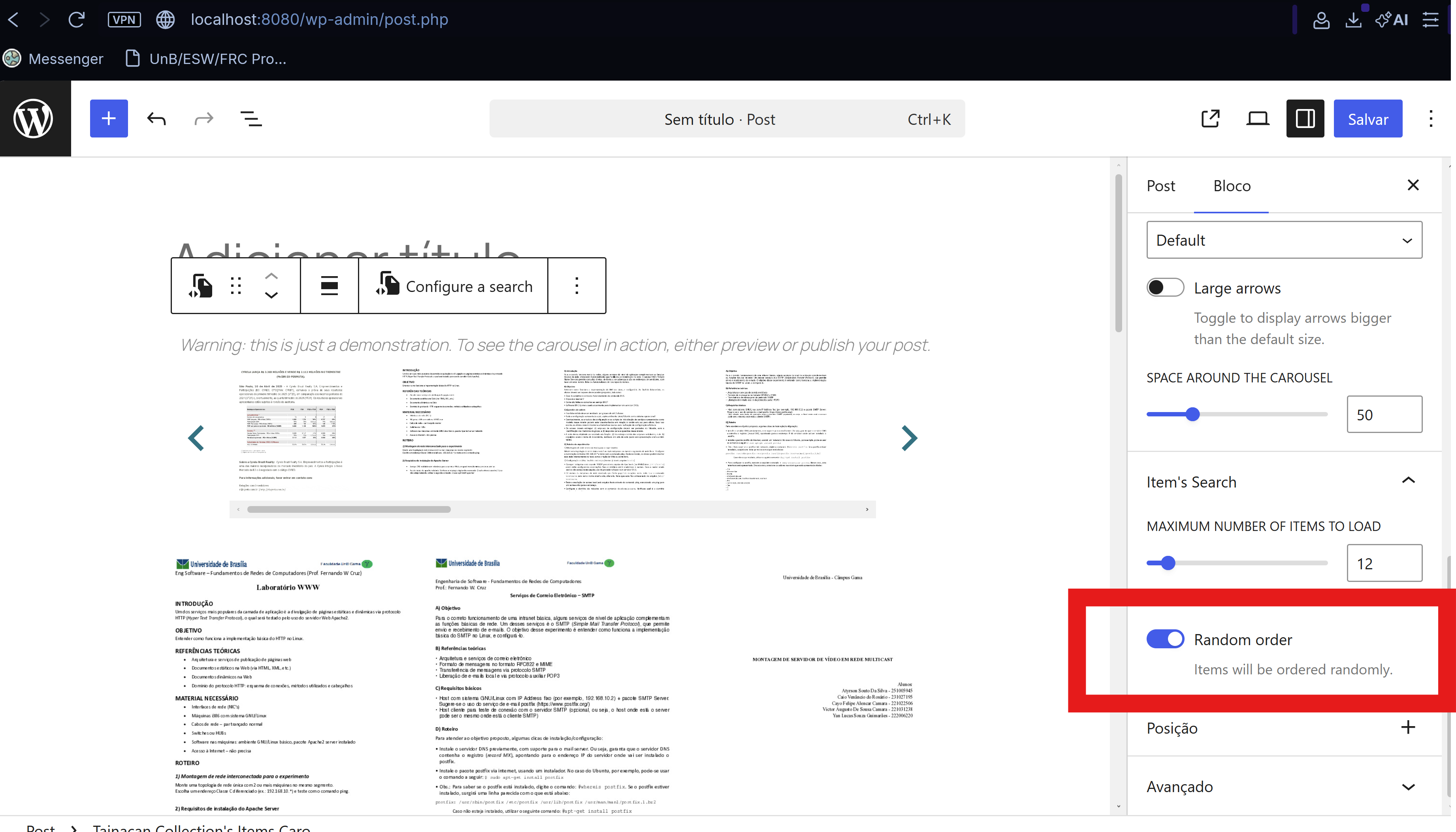 ToggleControl "Random order" na sidebar do editor